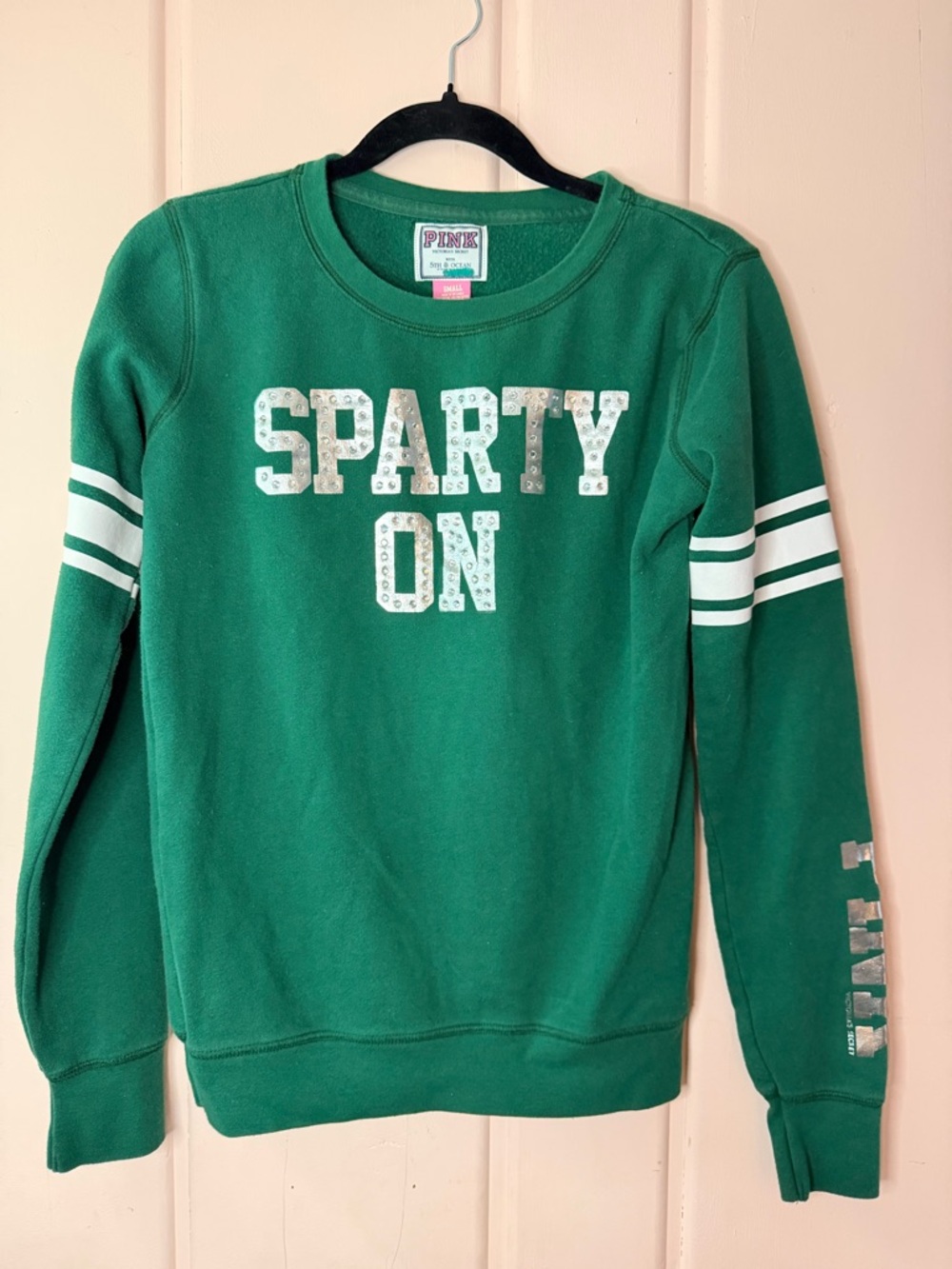 PINK Green "SPARTY ON" Sweatshirt Michigan State University szSmall